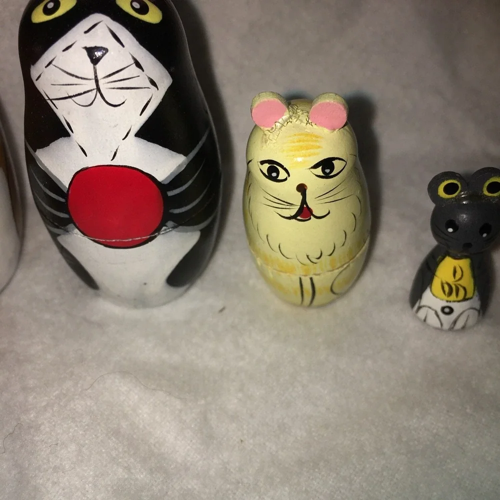 Cats Nesting Dolls Set of 4 Wood Kittens Mouse Russian